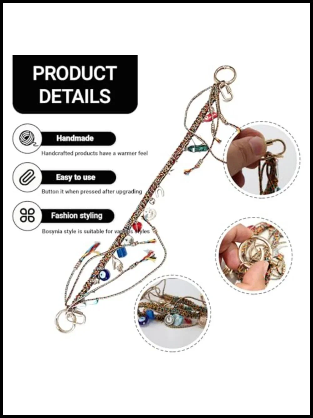 Braided Beaded Rope Keychain Purse Charm with 2 Spring Clips, Alloy Glass Woven